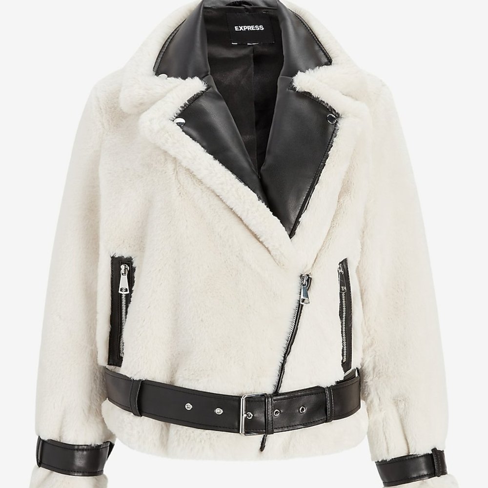 NWT-Faux Fur & Leather Trim Moto Jacket - Picture 4 of 6